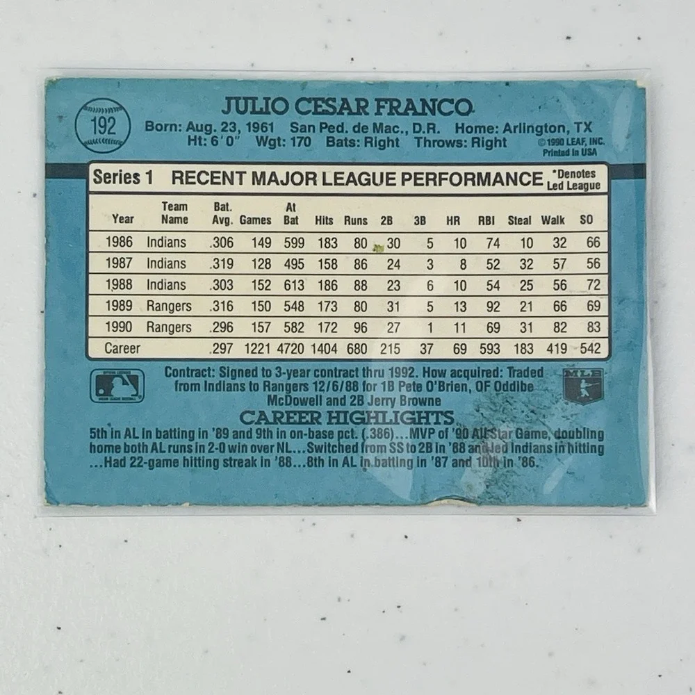 Julio Franco 192 Donruss MLB Baseball 1991 Texas Rangers Trading Card Vintage